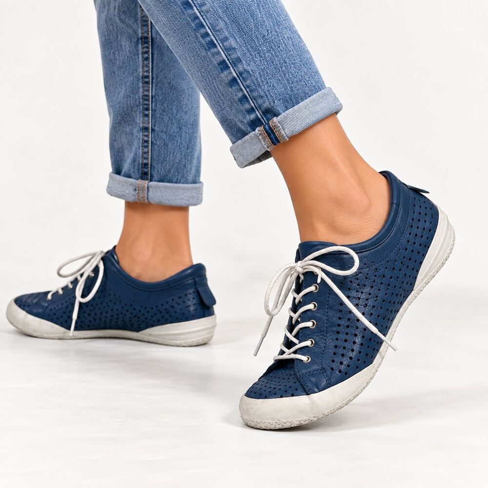 Andrea Conti 0345767 Leather Sneakers EU 38 US 7 Blue Perforated Lace Up Comfort